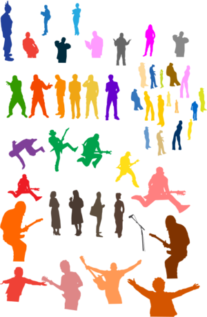 clip art clipart svg openclipart color 音乐 song concert guitar 人物 silhouettes band musicians playing crowd young sing trendy singer members artists gathering guitarist 剪贴画 颜色 年轻